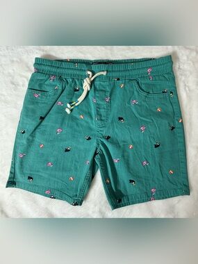 NWOT Raw Yarn Industries Green Flamingo & Toucan Stretch Twill Shorts Size Large